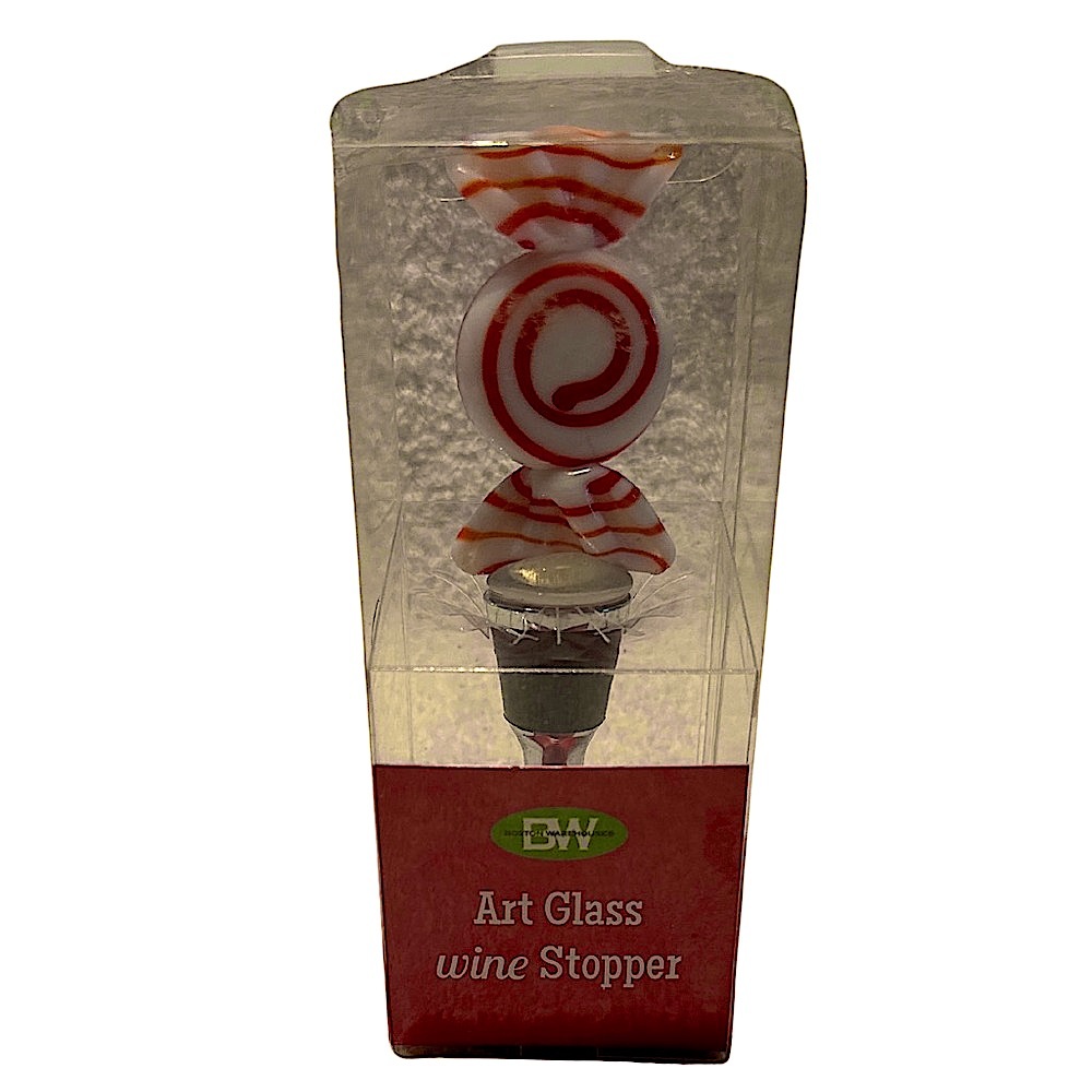 Christmas NIB Peppermint Wine Bottle Stopper Boston Warehouse Holiday Hand Blown